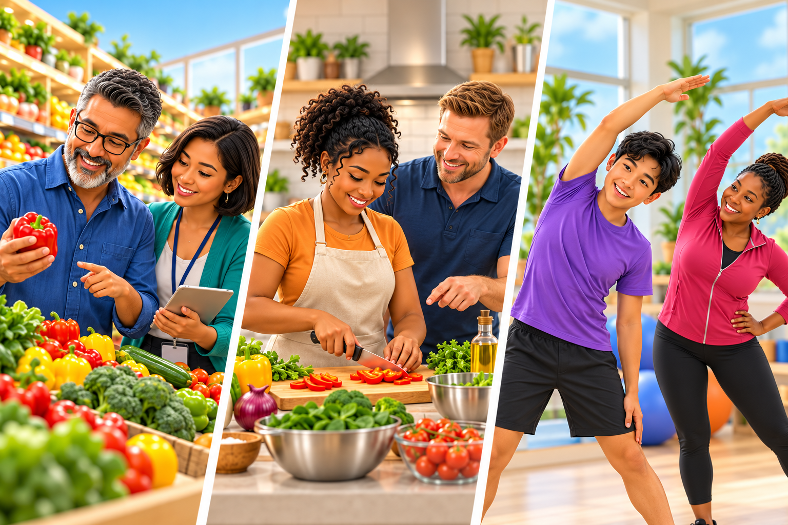 Illustration of different teens and adults practicing grocery shopping, meal preparation and light exercise with individual instructors